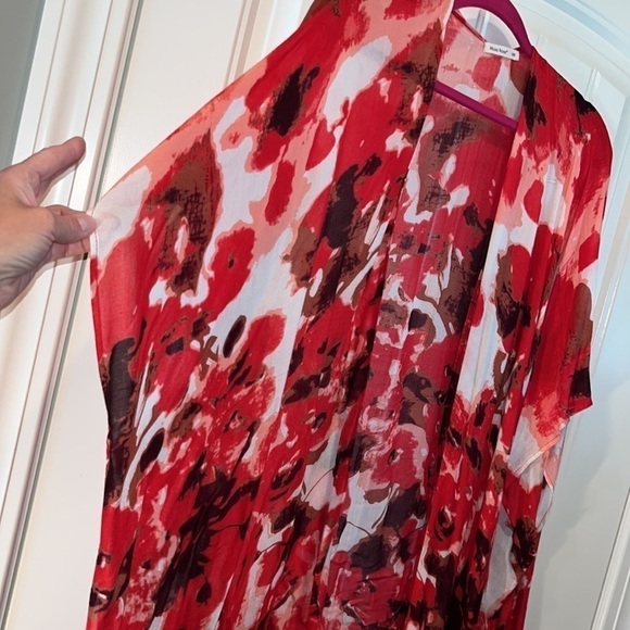 Red floral soft lightweight viscose kimono caftan beachy swimcover boho one size - Picture 2 of 7